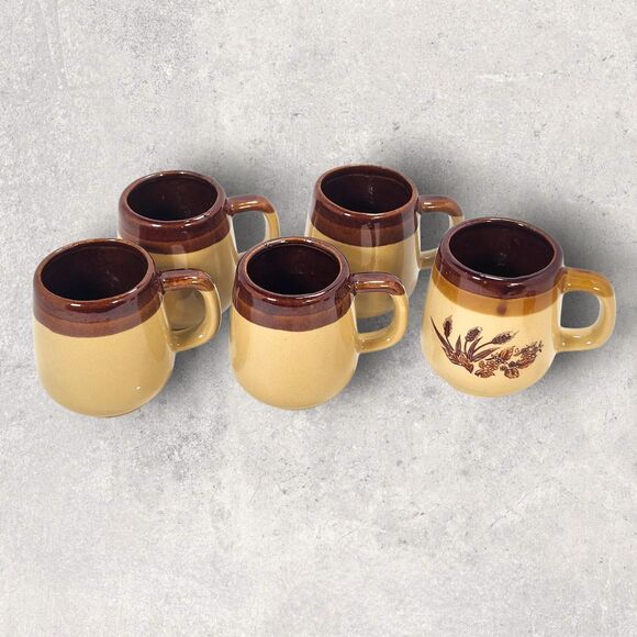 Vintage Brown Drip Stoneware Mugs Set of 5 Taiwan Coffee Cups Rustic Retro MCM - Picture 1 of 8